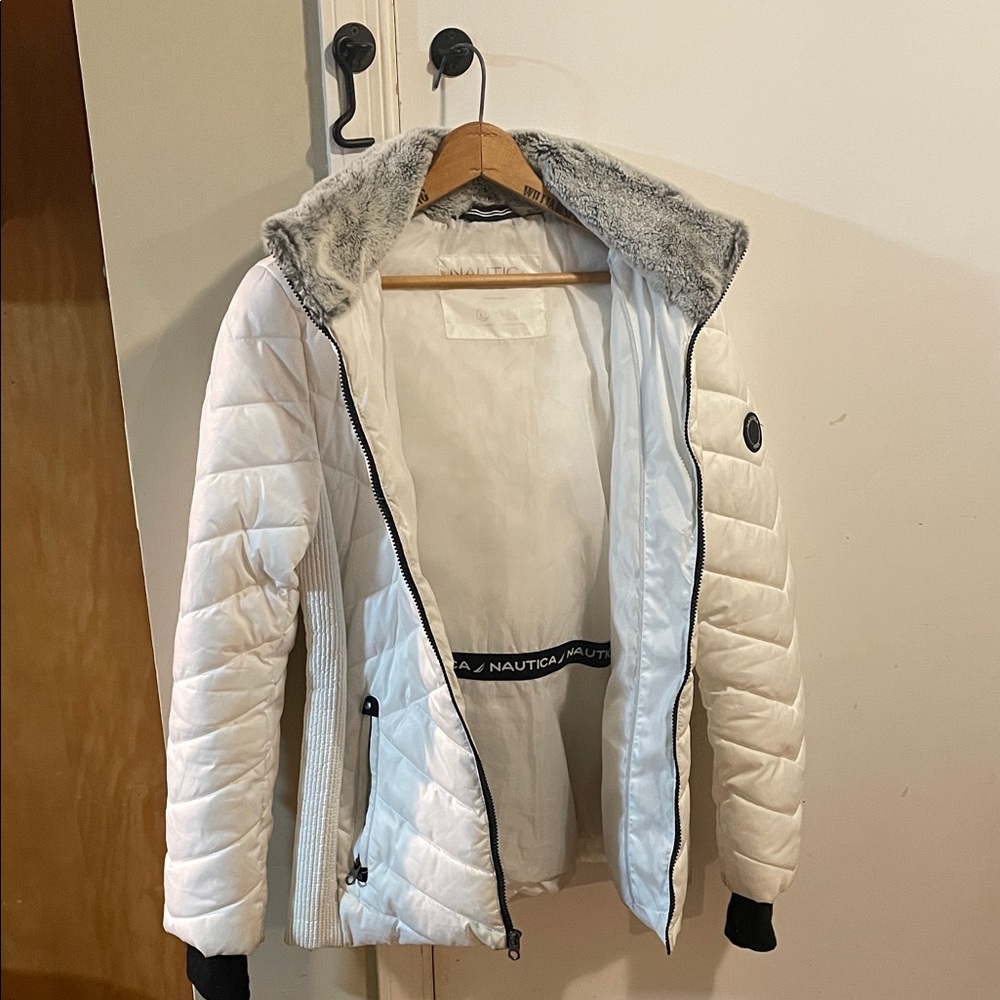 Nautica Women's White Puffer Coat with Faux Fur Trim